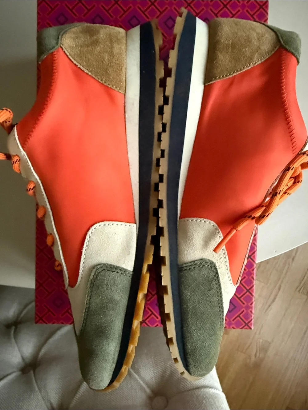 Tory Burch Orange, Olive & Cream Logo Runner Sneakers - Picture 6 of 8